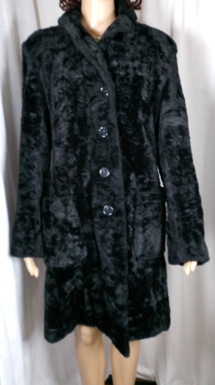 Vintage Faux Persian Lamb Coat Long Overcoat Black Made USA Womens